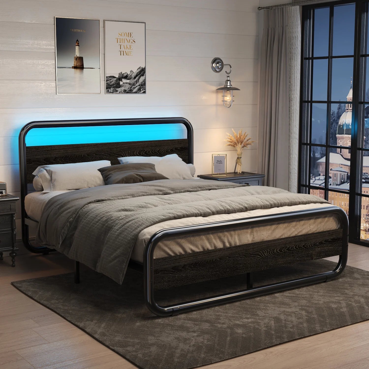 Queen Size Bed Frame with LED Light Headboard, Metal Platform Bed with Wooden Headboard, Black