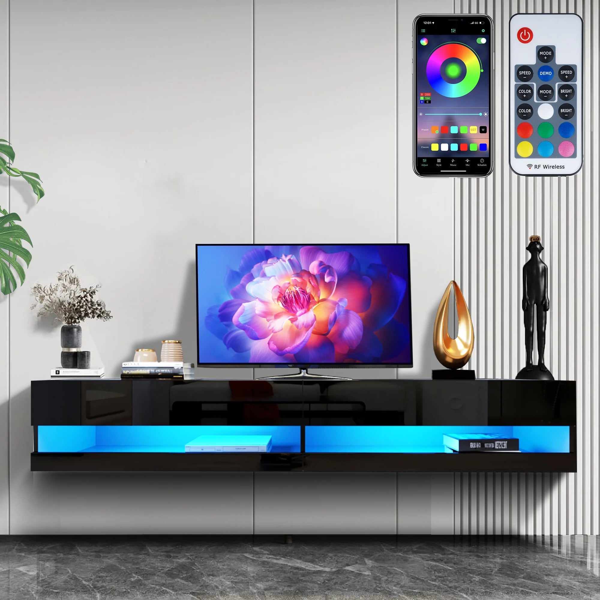 Floating TV Stand Wall Mounted, LED Entertainment Center with Storage Drawers, TV Stand for 80 Inch TV, Gaming Entertainment Center Console Table with Lights, Black