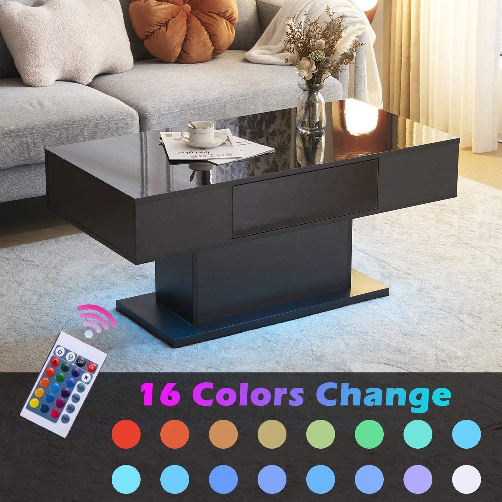 LED Coffee Table with 1 Drawers, High Gloss Cocktail Table Accent Furniture for Living Room 43.3