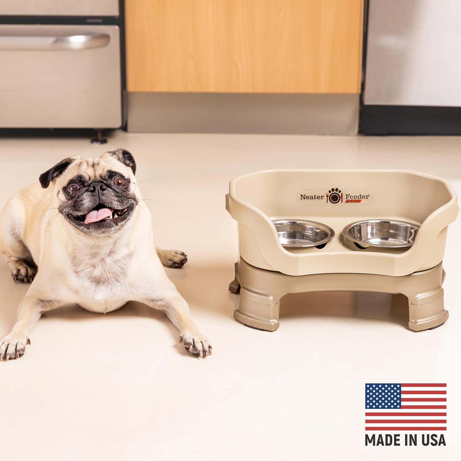 Neater Feeder - Deluxe Model Adjustable Height - Mess-Proof Dog Bowls (Small, Cappuccino) - Made in USA - Elevated, No Spill, Non-Tip, Non-Slip, Raised Stainless Steel Food & Water Pet Bowls