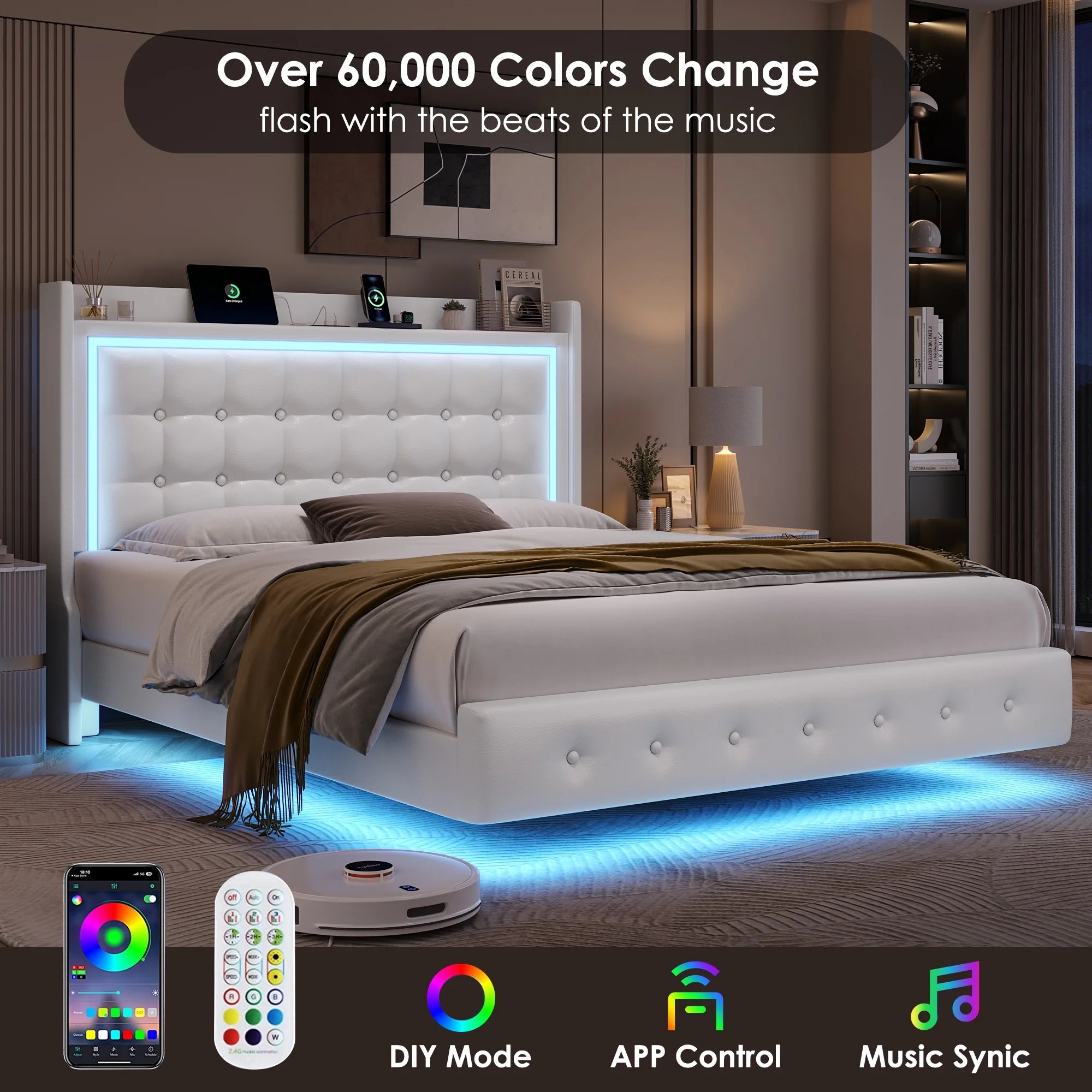 Queen Size Floating Bed with LED Lights & Charging Station, Modern PU Upholstered Platform Bed Frame Bed with Storage Headboard, White