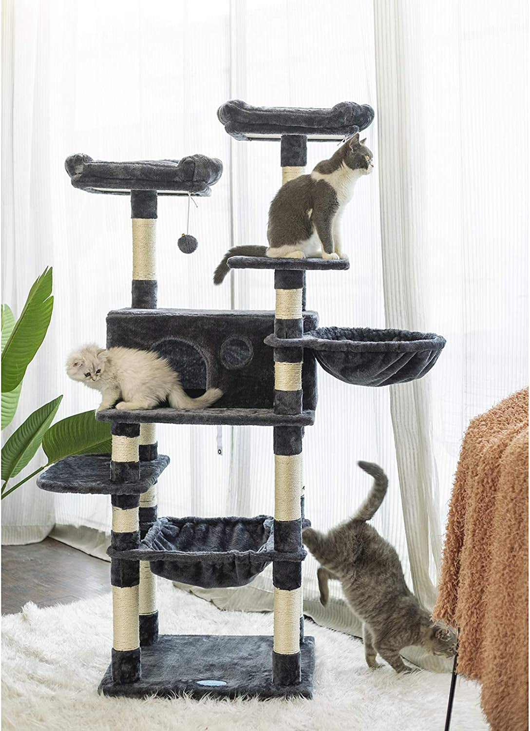 Cat Tree for Large Cats, Cat Tower with Scratching Posts, 2 Padded Plush Perches, Big Condo and Cozy Basket, Smoky Gray MPJ025G