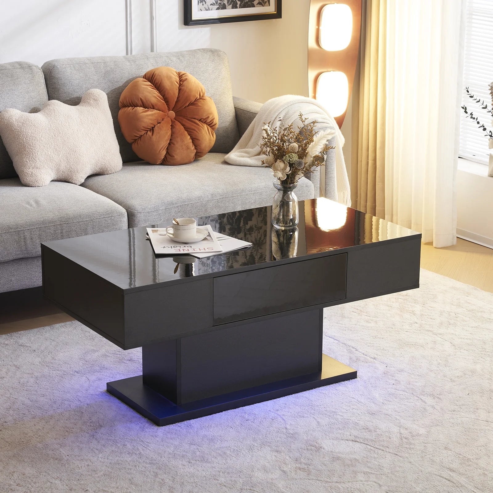 LED Coffee Table with 1 Drawers, High Gloss Cocktail Table Accent Furniture for Living Room 43.3