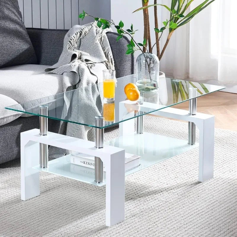 Living Room Rectangle Coffee Table, Tea Table Suitable for Waiting Room Modern Side Coffee Table with Wooden Leg, Glass Tabletop