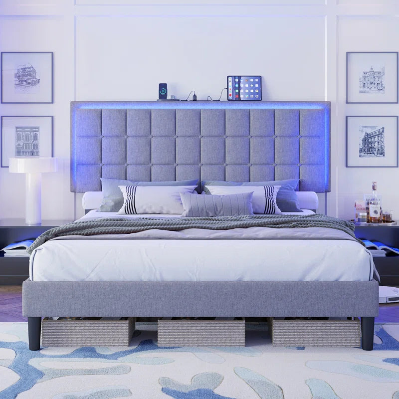 Berdean Button Tufted Platform Bed Frame with LED Lights