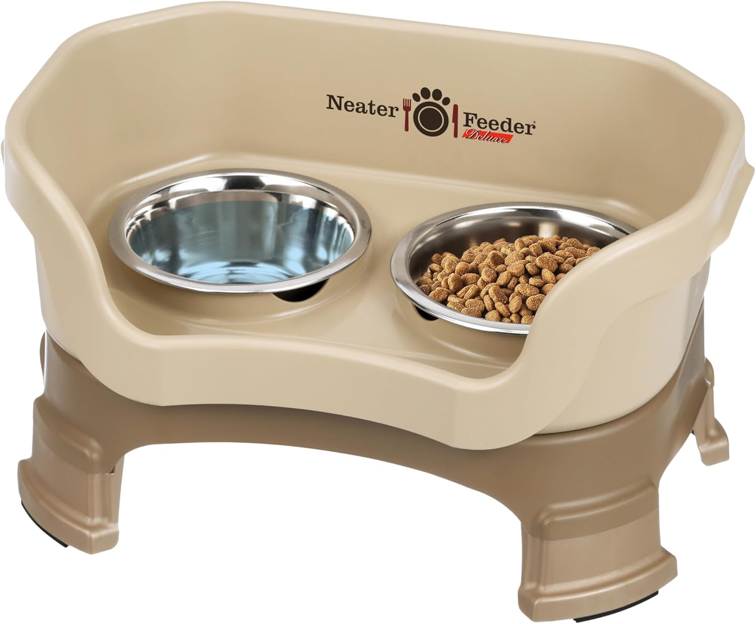 Neater Feeder - Deluxe Model Adjustable Height - Mess-Proof Dog Bowls (Small, Cappuccino) - Made in USA - Elevated, No Spill, Non-Tip, Non-Slip, Raised Stainless Steel Food & Water Pet Bowls