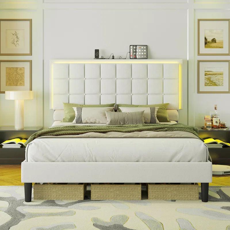 Berdean Button Tufted Platform Bed Frame with LED Lights