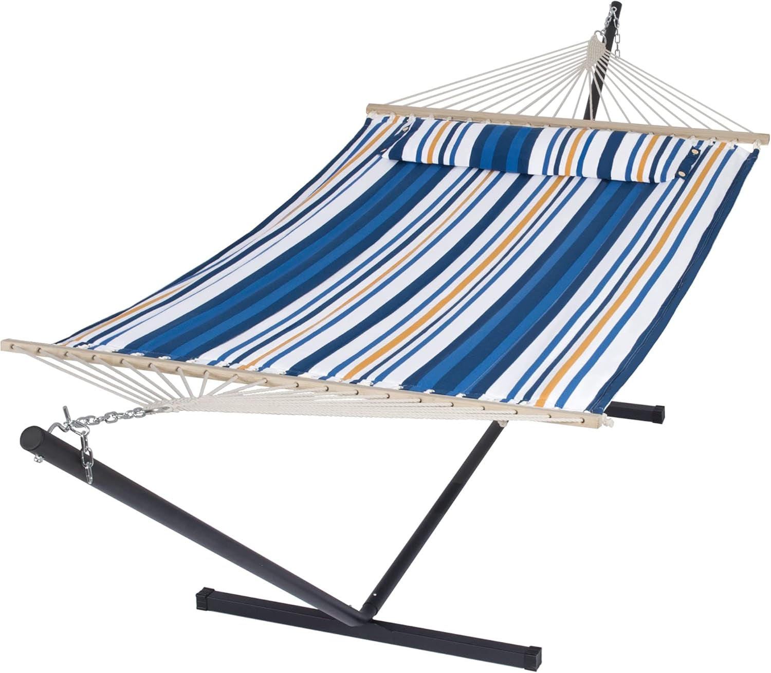 Hammocks Portable Hammock with Stand, Hardwood Spreader Bar, 2 Person Hammock for Outdoor, Patio, Garden, Backyard, Blue & Yellow