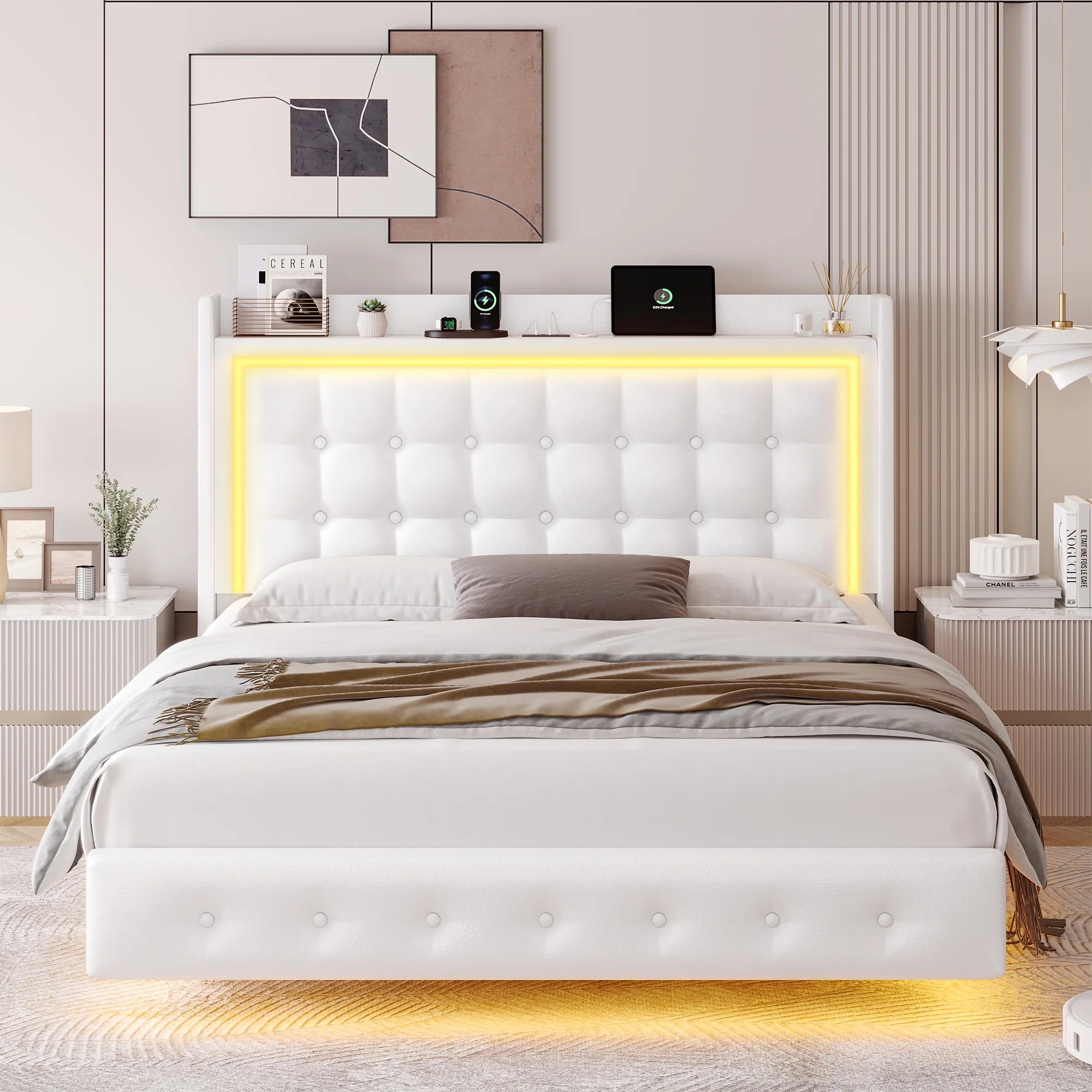 Queen Size Floating Bed with LED Lights & Charging Station, Modern PU Upholstered Platform Bed Frame Bed with Storage Headboard, White