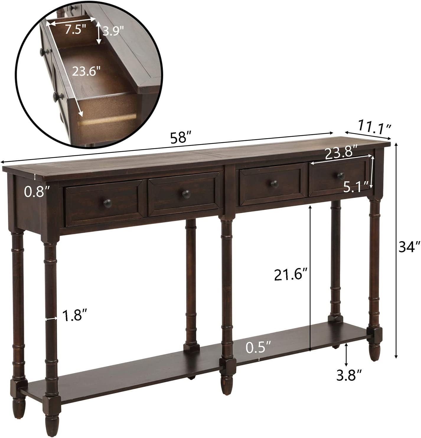 Retro Console Table Sofa Table for Entryway with Drawers and Shelf Living Room Table (Espresso)